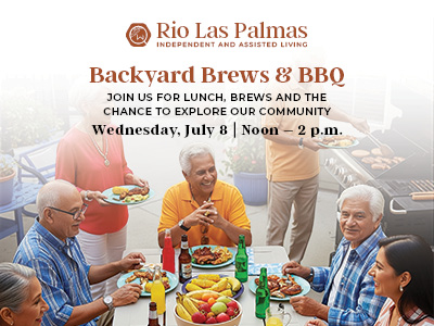 A group of seniors sit at an outdoor table with drinks and food, smiling and talking. Grilled food is being served. Text reads: Rio Las Palmas Backyard Brews & BBQ, July 8, noon–2 p.m., lunch, brews, and community.