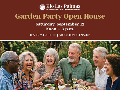 Six older adults sit at an outdoor table, laughing together, with drinks and a meal, beneath text announcing a Garden Party Open House at Rio Las Palmas in Stockton, CA, on Saturday, September 12 from noon to 3 p.m.